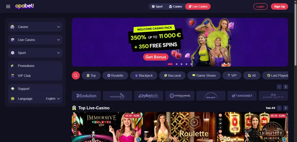Opabet Casinon live-kasinoaula: Immersive Roulette, VIP Roulette ja Lightning Roulette